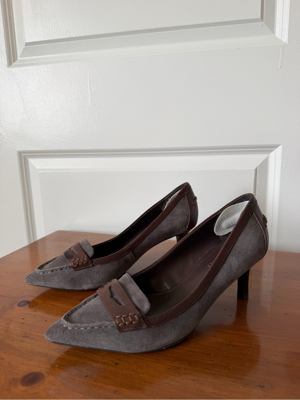 Ralph Lauren Gray Suede Pointed-Toe Pumps with Brown Trim